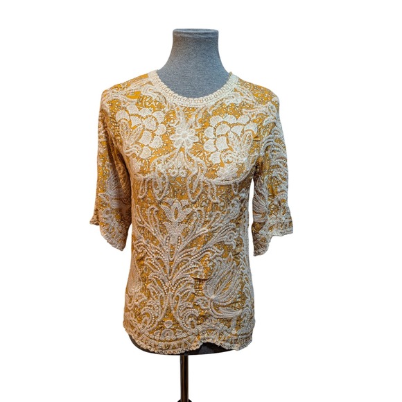 Solitaire Tops - Solitaire Yellow Floral‎ S Boho Cottagecore Sweet Lace Blouse Top 3/4 Sleeve Top